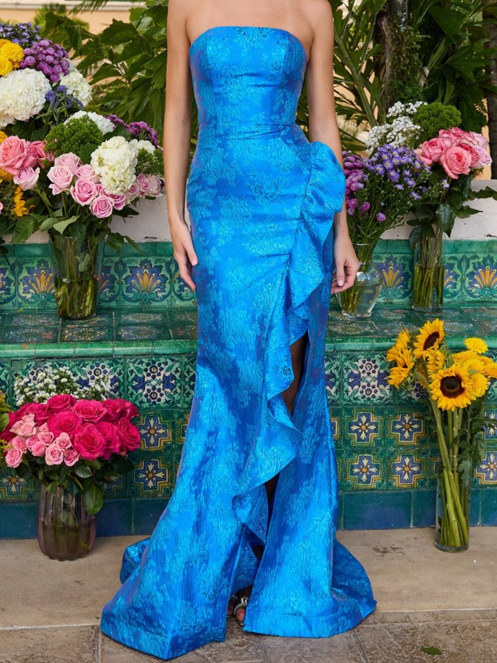 NWT Ava Presley 42309 Brocade Ruffle Slit Formal Gown Royal size 0
